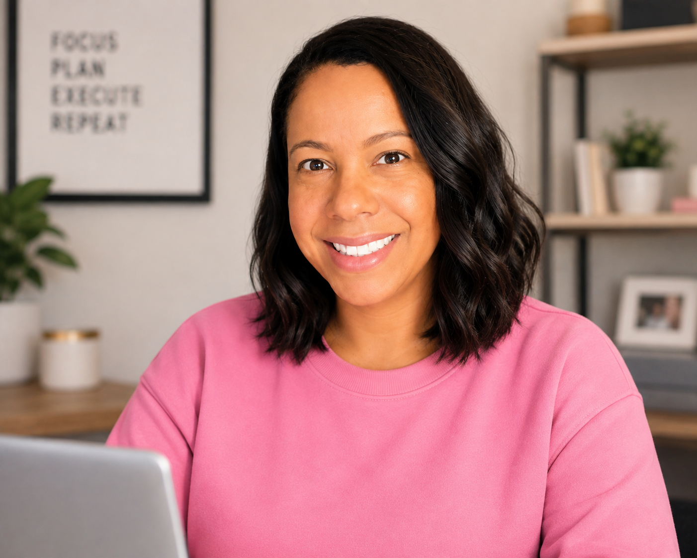 Tanya, the designer behind Launch Your Page, smiling at her desk
