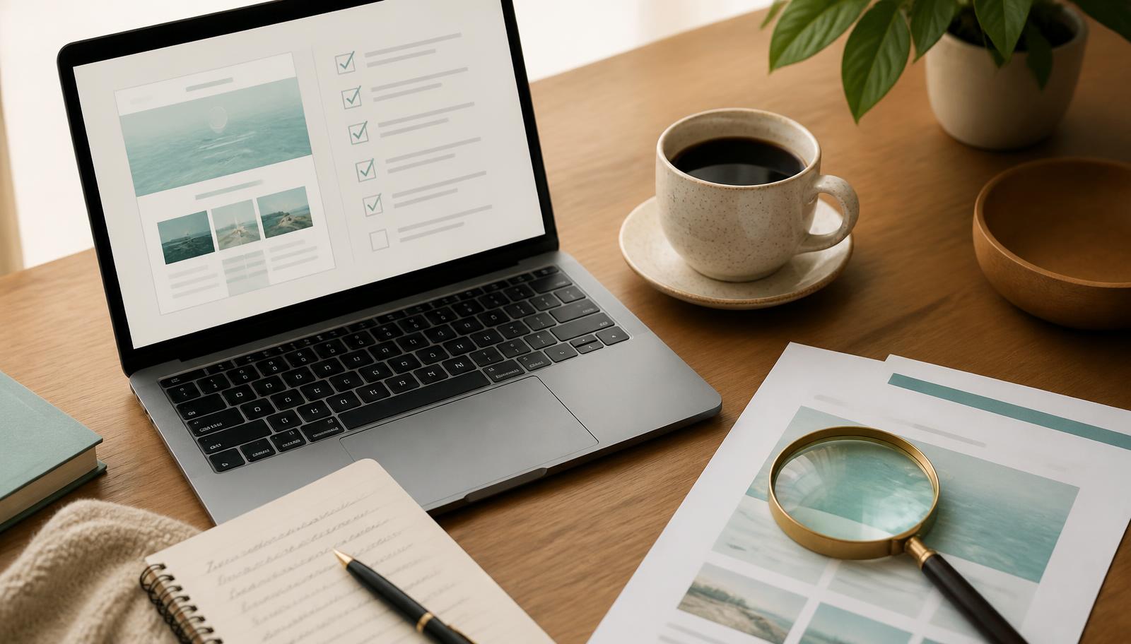A workspace review — a magnifying glass over a website report, the kind of hands-on check your free audit includes