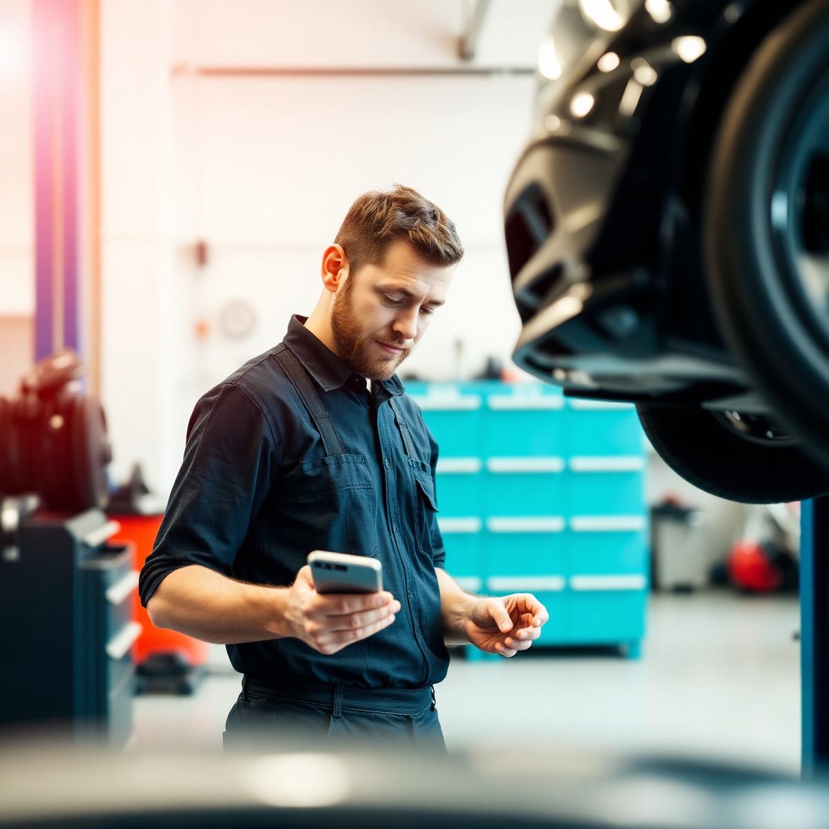 A mechanic checking a message on his phone in a clean workshop